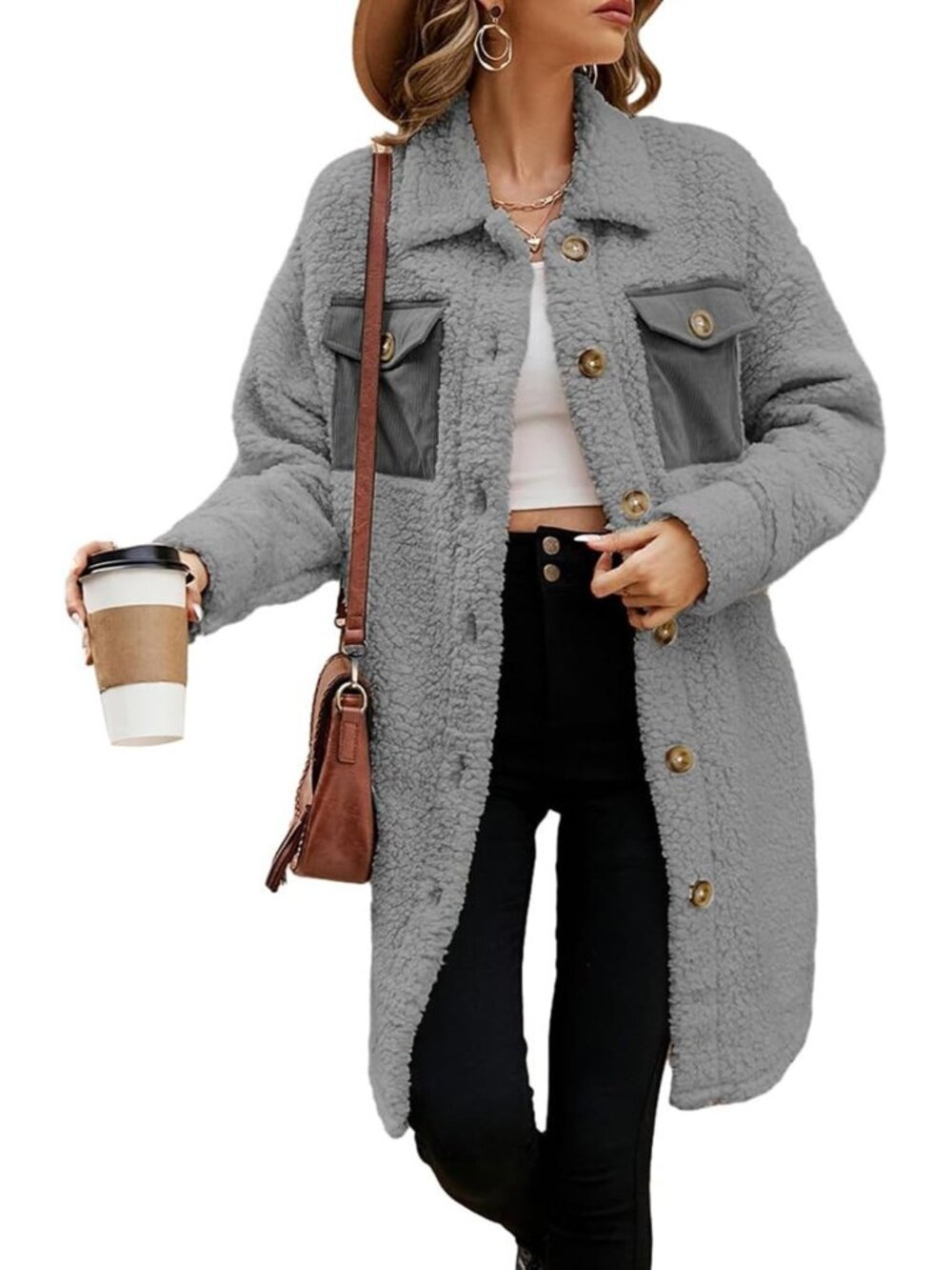 Women's Grey 100% Polyester Warm Faux Fuzzy Fleece Button Down Long Teddy Coat